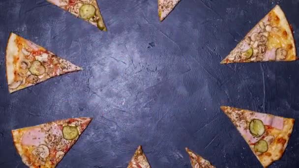 Πίτσα Σταματήστε Κινούμενο Σχέδιο Μετακίνηση Κομματιών Πίτσας Πάνω Όψη — Αρχείο Βίντεο