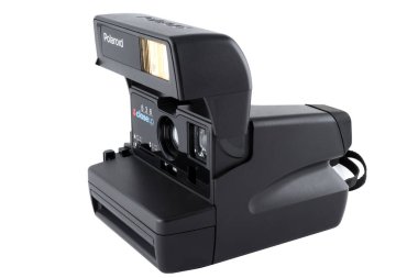 Belarus Minsk Ocak 2018. Polaroid şirketinin izole edilmiş bir kamerasının fotoğrafı.