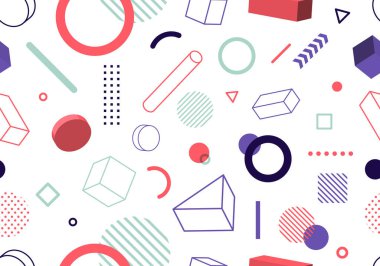 Soyut modern geometrik dikişsiz desen 3D elementler beyaz arka planda tasarımı en aza indirir. Vektör illüstrasyonu