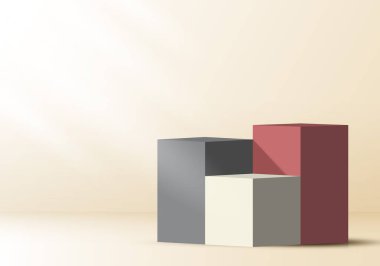 Bej arka planında ışık ve gölge olan 3 boyutlu gerçekçi podyum platformları. Vektör grafik illüstrasyonu