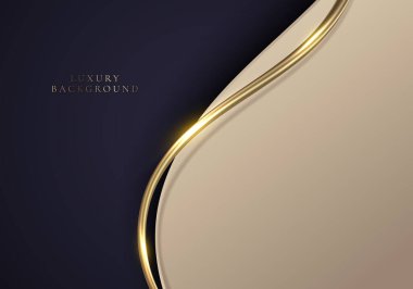 Zarif modern lüks şablon tasarımı beyaz ve kahverengi dalga şekli ve koyu mor arkaplanda ışık saçan 3D altın kıvrımlı çizgi. Vektör grafik illüstrasyonu