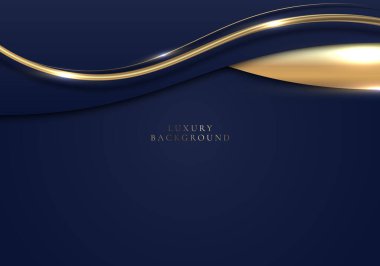 3D modern lüks şablon tasarımı mavi ve altın renkli dalga çizgileri ve mavi arka planda parıldayan altın renkli ışık çizgisi. Vektör grafik illüstrasyonu