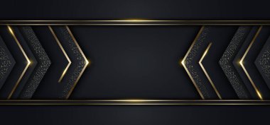 Modern lüks afiş şablonu siyah ok üçgenleri ve altın parıltılı üç boyutlu altın çizgili çizgiler koyu arkaplanda parlıyor. Vektör grafik illüstrasyonu