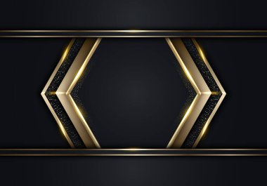 Modern lüks afiş şablonu siyah ok üçgenleri ve altın parıltılı üç boyutlu altın çizgili çizgiler koyu arkaplanda parlıyor. Vektör grafik illüstrasyonu