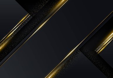 3D modern lüks şablon tasarımı siyah ve altın renkli kareler altın rengi parlak çizgili çizgiler koyu arkaplanda parıldıyor. Vektör grafik illüstrasyonu