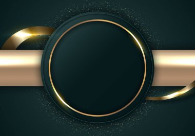 Soyut modern lüks koyu yeşil daire şekli ve altın parıltılı kurdele çizgileri ile koyu arkaplanda. Vektör grafik illüstrasyonu