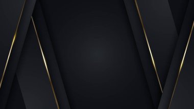 3D modern lüks afiş tasarımı siyah köşegen çizgiler, altın çizgiler, koyu arkaplanda parıldayan ışık. Vektör grafik illüstrasyonu