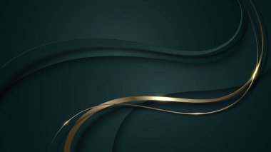 Soyut 3D lüks yeşil renk dalgası çizgileri, parlak altın kıvrımlı çizgi dekorasyonu ve koyu renk arka planda parıltılı ışıklandırma. Vektör illüstrasyonu