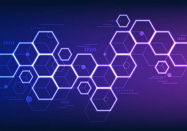 要旨革新技術の背景青と紫のネオン照明六角形の幾何学的なパターン ベクターイラスト — ストックベクタ
