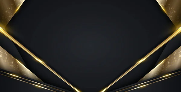 3D modern luxury banner web template design black and gold stripes with golden glitter line light sparking on dark background. Vector graphic illustration