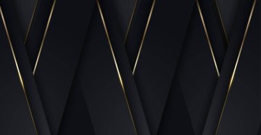 3D modern luxury banner template design black diagonal stripes pattern with golden lines light sparking on dark background. Vector graphic illustration