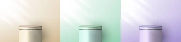 Set Realistic Brown Beige Green Purple Pedestal Backdrop Product Display — Archivo Imágenes Vectoriales