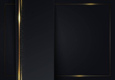 Abstract luxury template black stripes with gold lines frame and glitter on dark background. Vector illustration