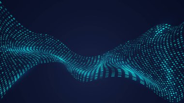 Soyut teknoloji dijital fütürist büyük veri konsepti mavi kare pikselli desen elementleri koyu arkaplanda ışık efektiyle bozulur. Vektör illüstrasyonu