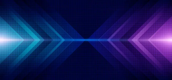 概要青と紫の矢印が青の背景技術に照明と線のグリッドで輝くハイテク概念 ベクターイラスト — ストックベクタ