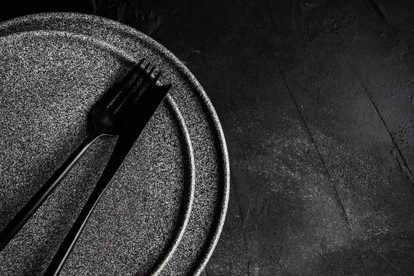 Knife Fork Two Plates Dark Surface — Stock Photo, Image