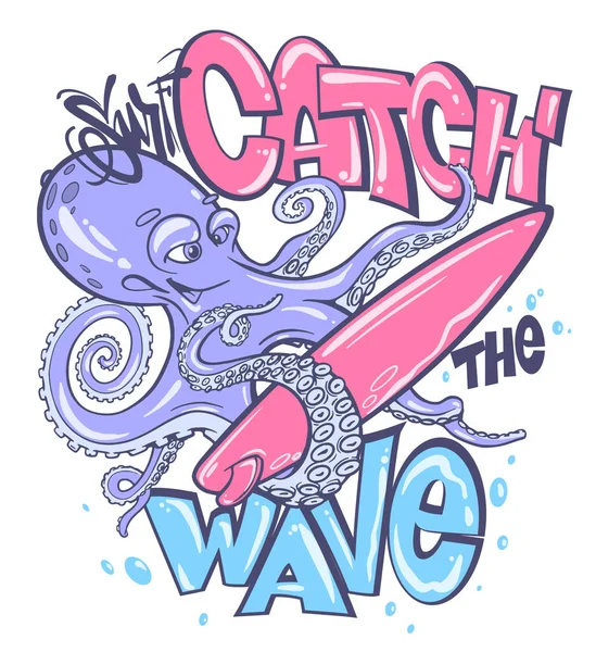 Octopus com prancha de surf, design de impressão de t-shirt — Vetor de Stock