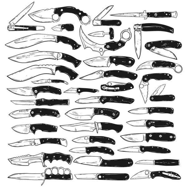 Vector Knives Set Isolated on White, collection of knives for various purposes — Stock Vector