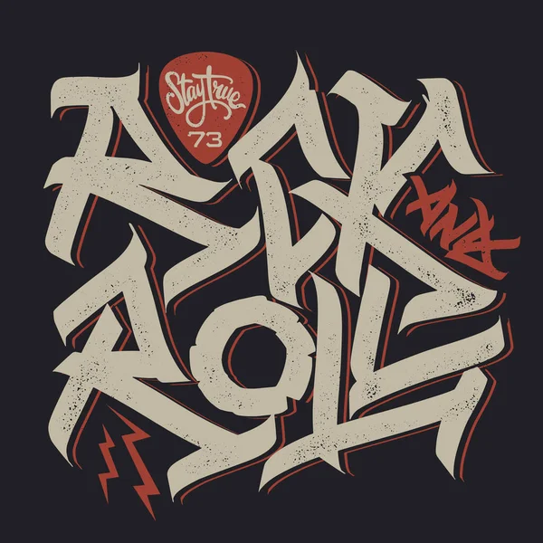 Rock and Roll-Zeichen. Slogan Grafik für T-Shirt. Plakat mit Plektrum. — Stockvektor