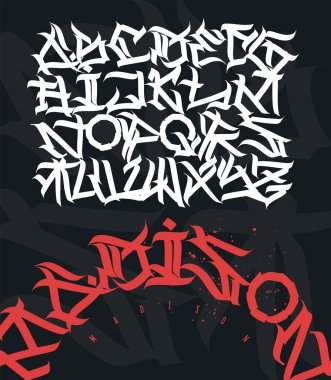 Gotik tarzda süslemeli yazı tipi, el yazısı tipografi, vektör illüstrasyonu