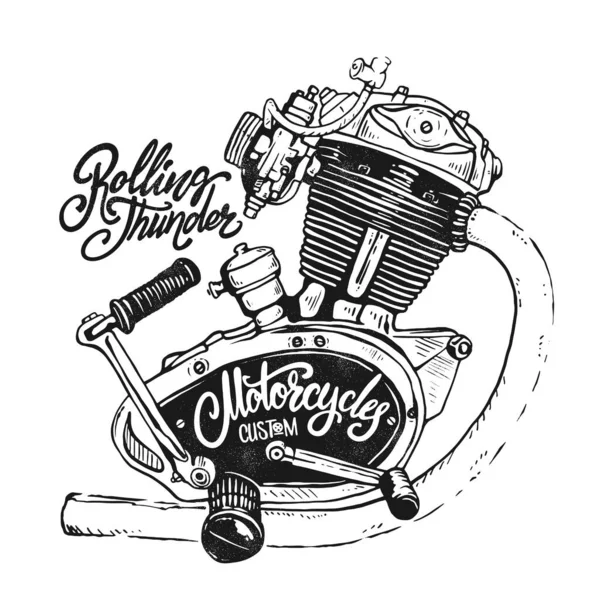 Diseño de impresión vectorial dibujado a mano del motor de motocicleta Vintage — Vector de stock
