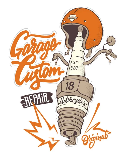 Motorcycle spark plug in vintage style for t-shirt — Stock Vector