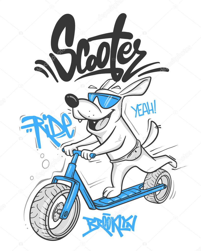 Cartoon dog riding a scooter vector T-Shirt design.