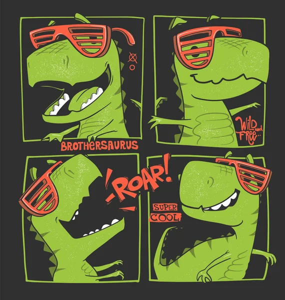 Komik dinozorlar, komik stil vektör çizimi. Çocuklar için tişört tasarımı.