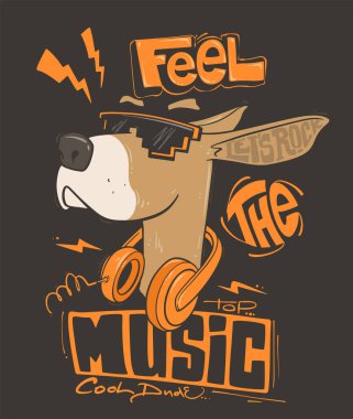 Funny dog with headphones and sunglasses. T-shirt Vector illustration