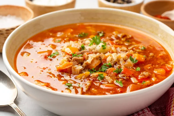 Stuffed Pepper Soup Bowl Concrete Background Selected Focus — Stock Photo, Image