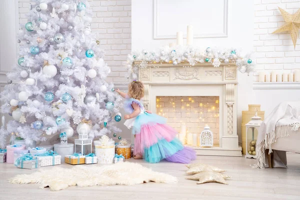 Merry Christmas Happy Holidays Little Girl Fancy Dress Decorating Huge — Stock Photo, Image