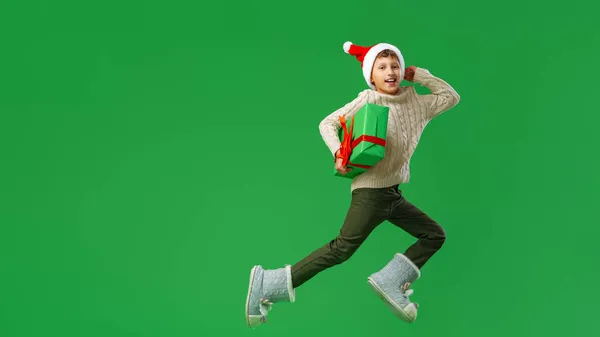 Happy Smiling Boy Gift Box Bow His Hands Red Santa — Stock Photo, Image