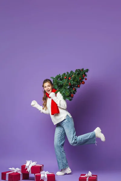 快乐的少女 卷曲的头发 针织毛衣 红围巾 圣诞树上挂着红色的圣诞彩球 她走在紫色的背景上 动态图像 — 图库照片
