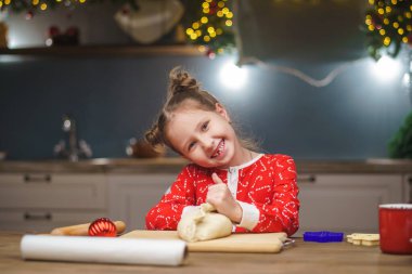 Bir çocuk Noel arifesinde mutfakta yemek hazırlar. Önlüklü bir kız hamuru karıştırıyor, un ekliyor. Mutlu Noeller ve mutlu Noeller. İçi Noel ışıklarıyla süslenmiş..