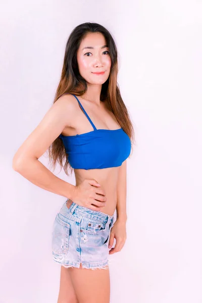 Aziatische Vrouwen Sexy Blauw Jurk Witte Achtergrond — Stockfoto