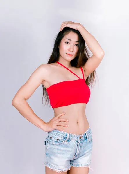 Asian Women Sexy Red Dress White Background — Stock Photo, Image