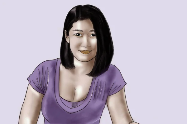 Drawing Portrait Asian Woman White Background — Foto Stock