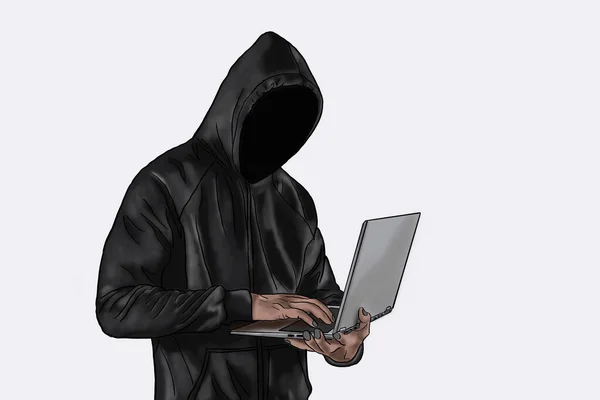 Drawing Hacker Holding Laptop Isolated White Background — Stock fotografie