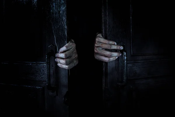 Ghost Hands Open Wooden Door Old Dark Room Filled Spider — Stock Photo, Image