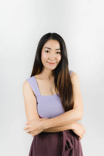 Asian Young Woman Happy Smile Wearing Purple Single Line Dress — Stock Photo, Image