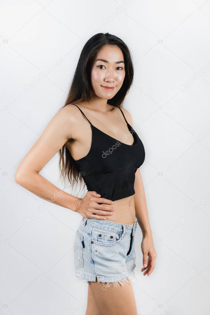 Sexy Asian woman in a black dress On white background