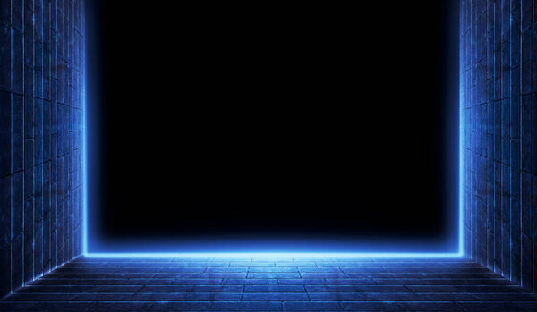 3D рендеринг синего пустого пространства в рамке стены неоновые огни черный фон