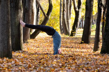 Sonbahar parkında yoga yapan sporcu adam. 