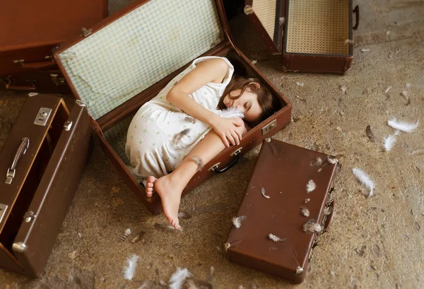 Young Girl Wearing White Lying Suitcase Mysterious Stock Image