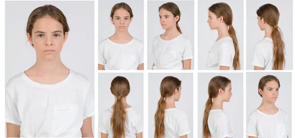 Menina Jovem Branco Shirt Modelo Snap Todos Olhares Perto Fundo — Fotografia de Stock