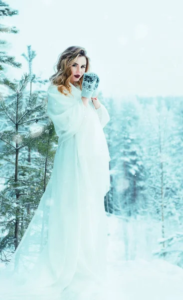 Young European Beautiful Blonde Woman White Dress Winter Forest Trees — Stock Photo, Image