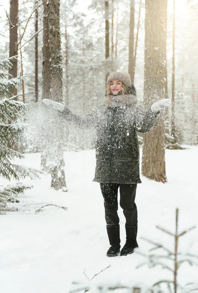 Young White Woman Throws Snow Forest Winter — Stock Photo, Image