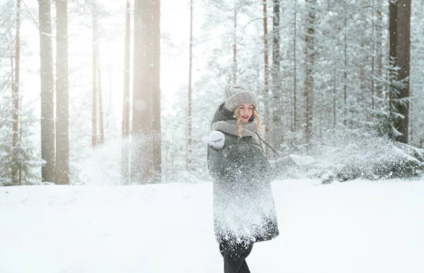 Portrait White Young Woman Hat Mittens Black Jacket Throwing Snow — Stock Photo, Image