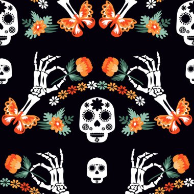 Ölüler Günü, Dia de los Muertos, cadılar bayramı kafatası, iskelet eller, kadife çiçekleri. Şablon tatil arka plan Vektör illüstrasyonu