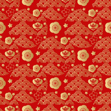 Güzel Japon desenli bulutlar, dalgalar. Japonca, Çince elementler. Vektör dikişsiz Asya dokusu. Paketleme, tekstil, kağıt, kumaş, imalat, duvar kağıtları üzerine baskı yapmak için.